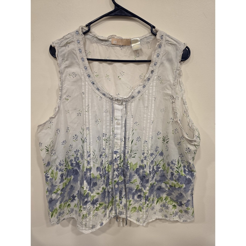 Y2K La Cera Womens 2X Floral Cotton Pintuck Lace Trim Blouse Boho Cottagecore